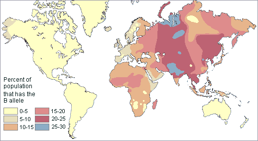 map showing the frequency of the B blood allele around the world